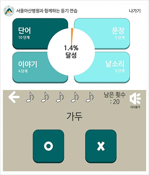 인공와우이식수술 후 청각 재활 돕는 ‘서울아산병원 듣기연습’ 애플리케이션 화면.